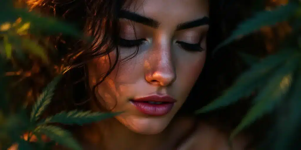 Close-up of a serene woman surrounded by cannabis leaves, representing the calming effects of mood weed