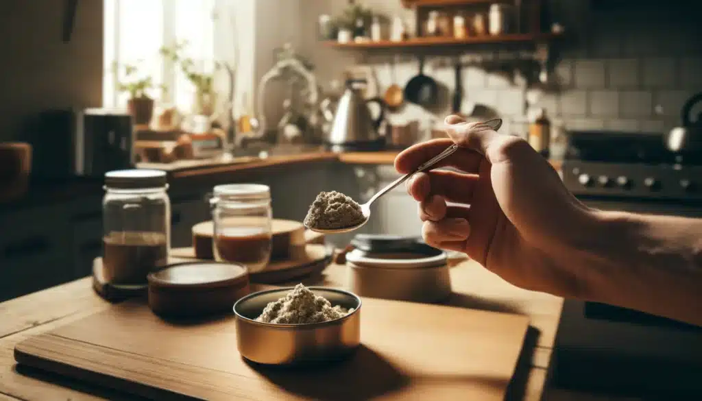 Close-up of a hand holding a spoon of bubble hash above a metal container