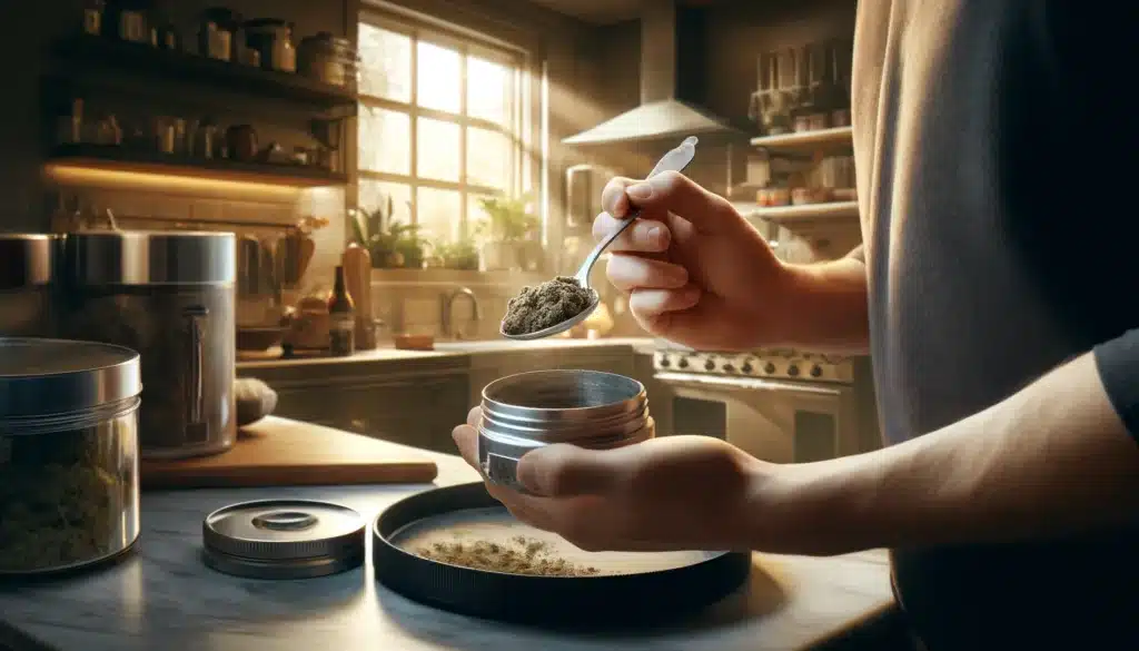 Sunlit kitchen scene with a hand holding a spoon over a container of bubble hash