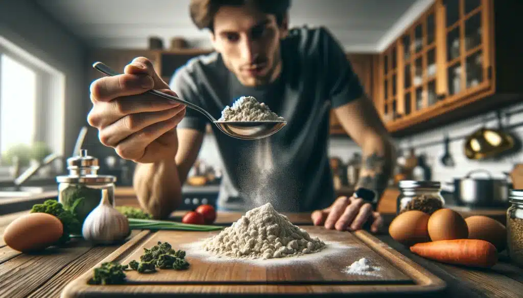 Man in a modern kitchen examining a spoonful of powdered bubble hash.