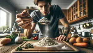 Man in a modern kitchen examining a spoonful of powdered bubble hash.