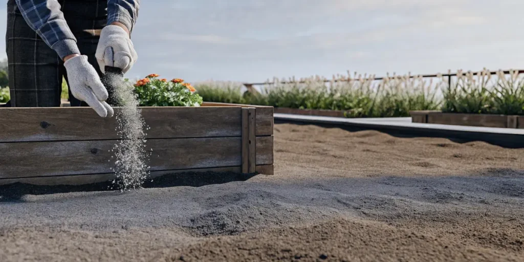 Hand in glove sprinkling white granules into a raised garden bed with dark soil.