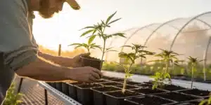 Grower transplanting cannabis seedlings during early morning hours with soft natural light.