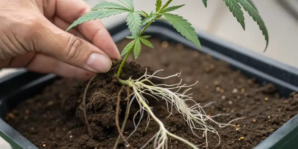 Detailed view of cannabis roots being carefully transplanted from a germination setup to soil.