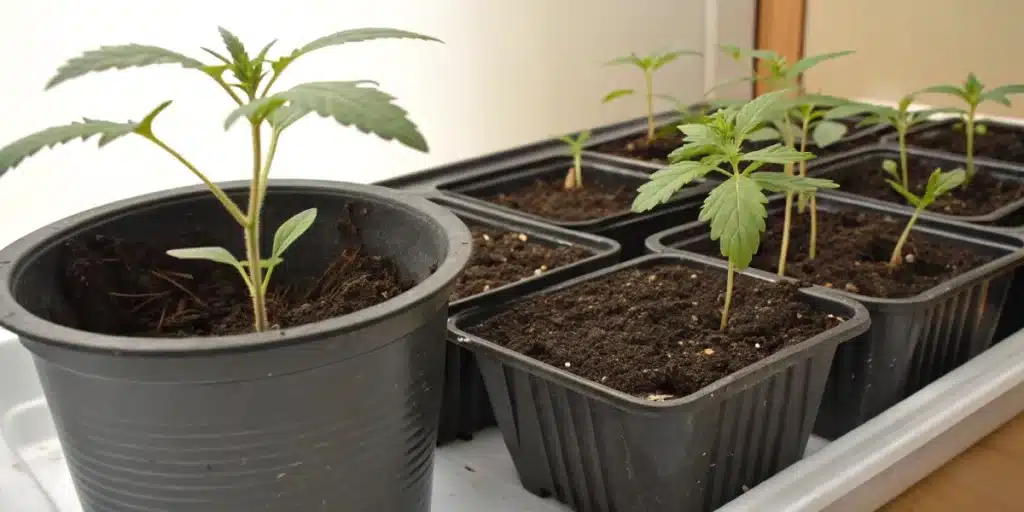 Comparison of cannabis seedlings in starter pots and larger transplant containers, highlighting root growth.