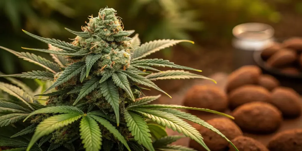 Dense Zookies weed strain bud covered in trichomes with green leaves and blurred background of nuts and jars.