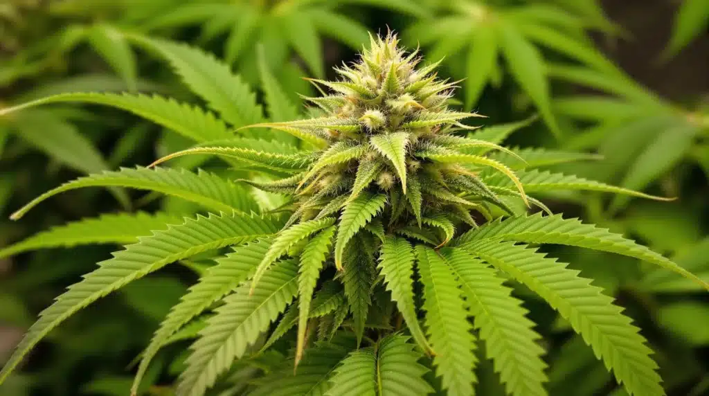 Close-up of a cannabis plant in flowering stage with vibrant green leaves and dense buds.