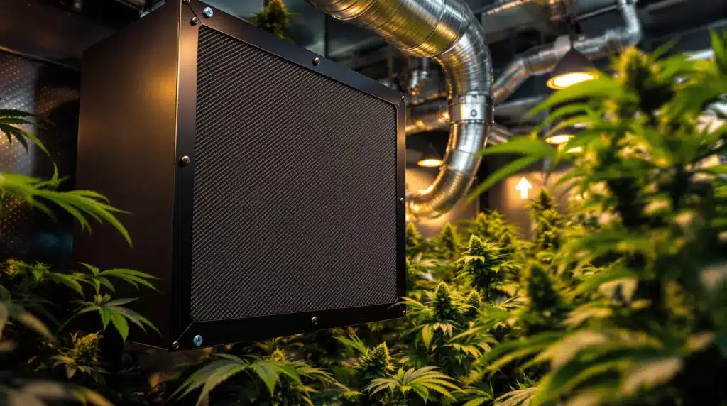 Large carbon filter in a cannabis grow room with ventilation ducts and plants.