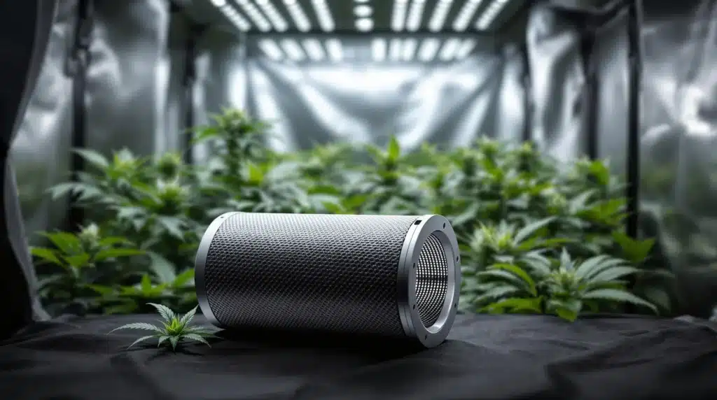 Carbon filter placed in a cannabis grow tent surrounded by healthy green plants.