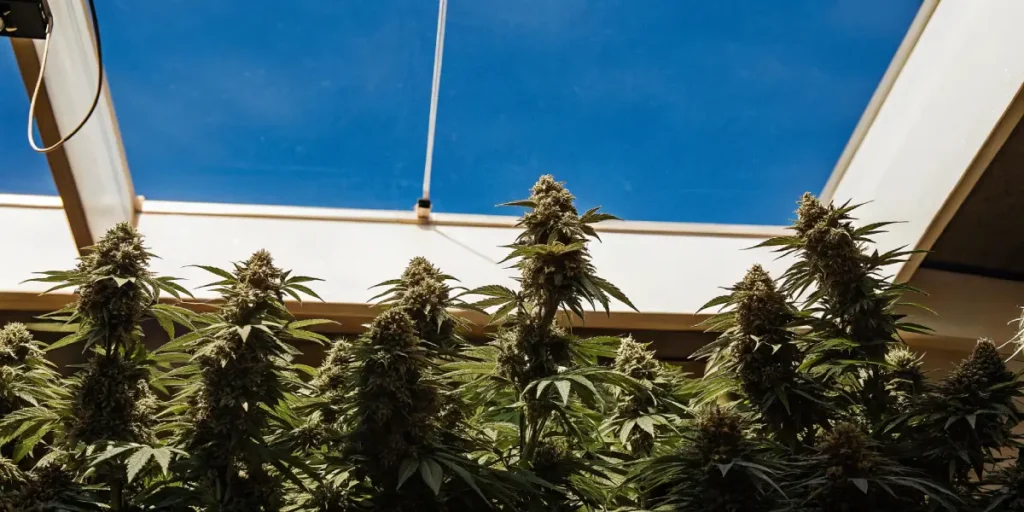 Futuristic cannabis cultivation room with tall flowering plants under a large skylight