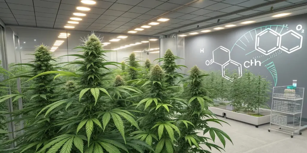 High-tech cannabis laboratory with flowering plants and scientific molecular diagrams on the wall