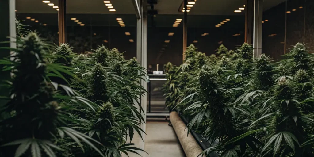 Modern cannabis cultivation facility with dense flowering plants under artificial lighting