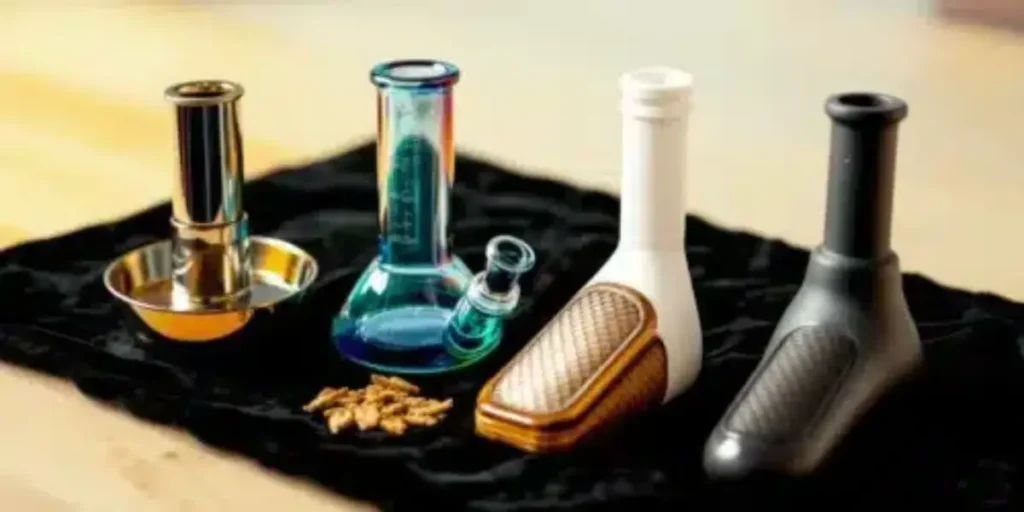 Modern bongs in various styles and colors arranged on a black cloth for cannabis use