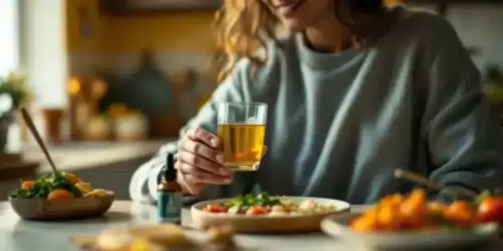Woman enjoying a glass of CBD-infused tea at home.