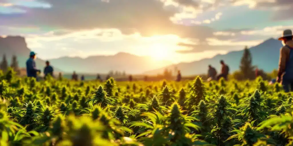 A close-up of a Colorado cannabis farm at sunrise, showcasing, healthy marijuana plants in neat rows under natural light.