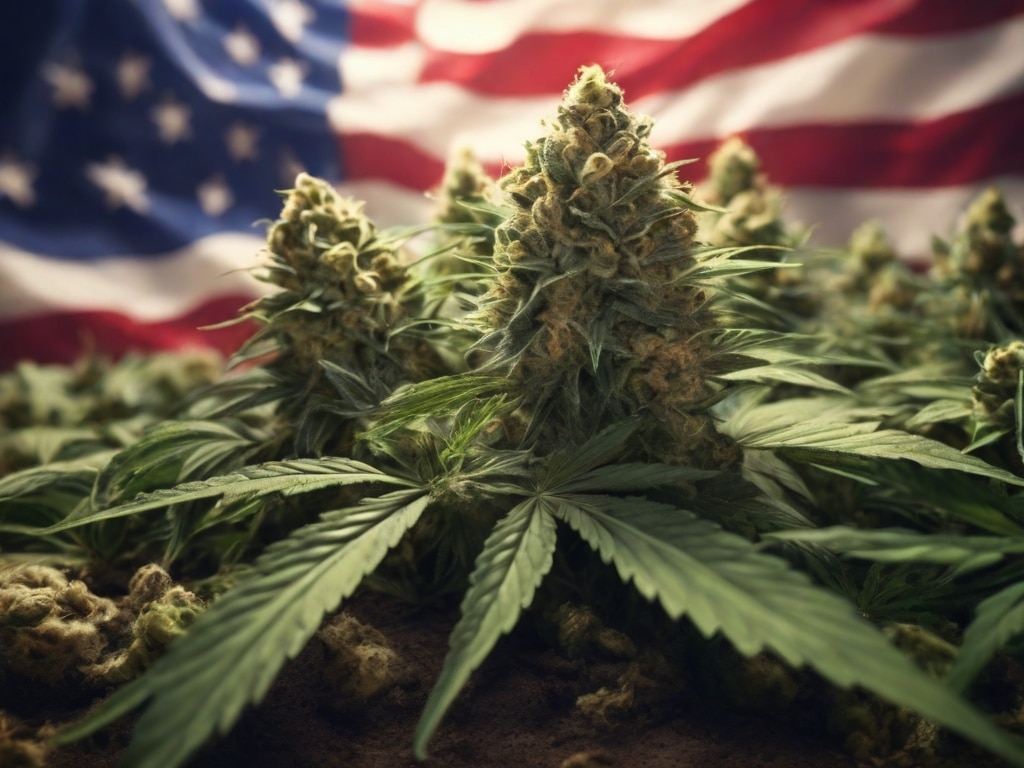 Lush cannabis plants growing with the American flag in the background