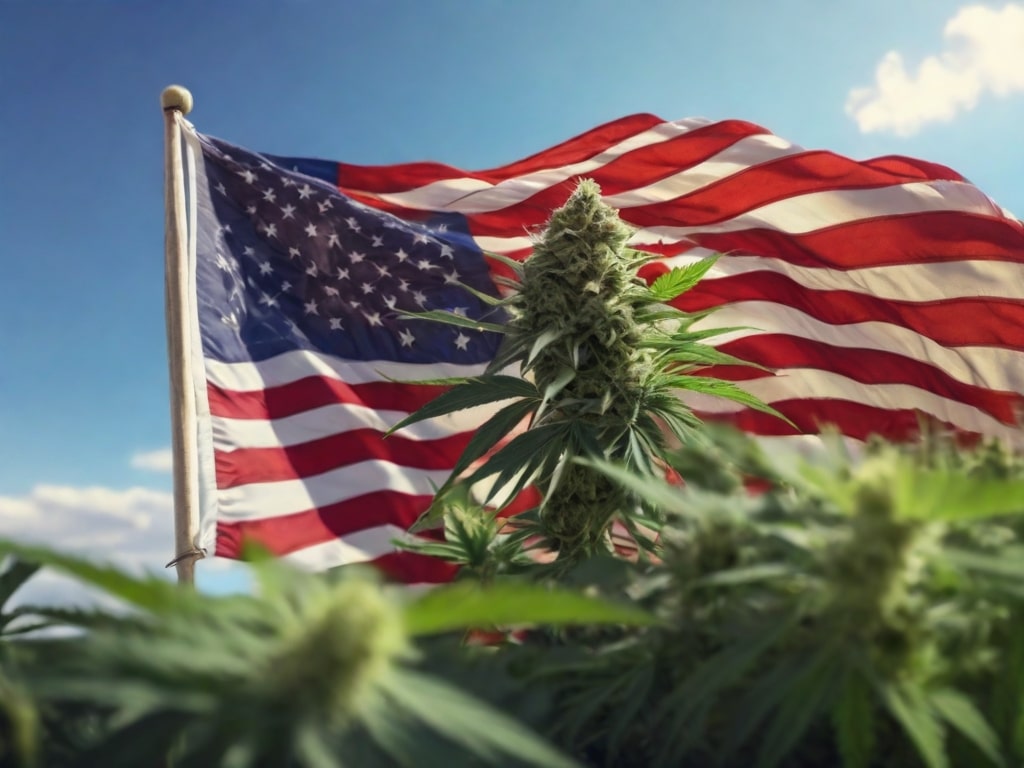 Healthy cannabis plant with the American flag waving in the background.