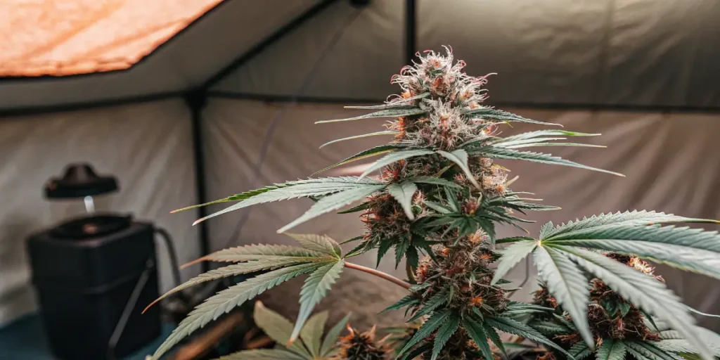 Close-up of a lush autoflowering cannabis plant with dense buds inside a grow tent.