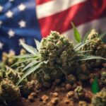 Cannabis buds growing in front of the American flag