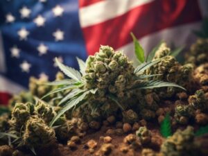 Cannabis buds growing in front of the American flag