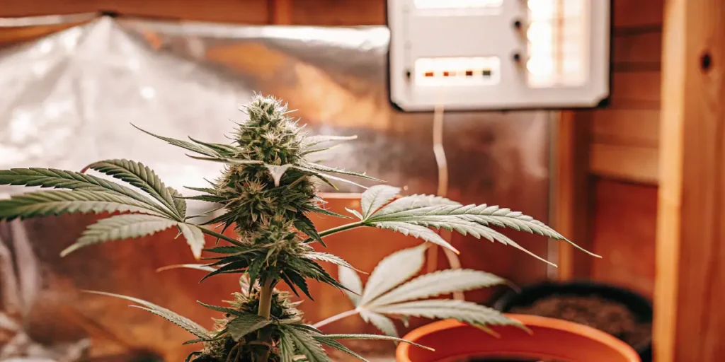 Lush autoflowering cannabis plant with dense buds under an indoor grow light.