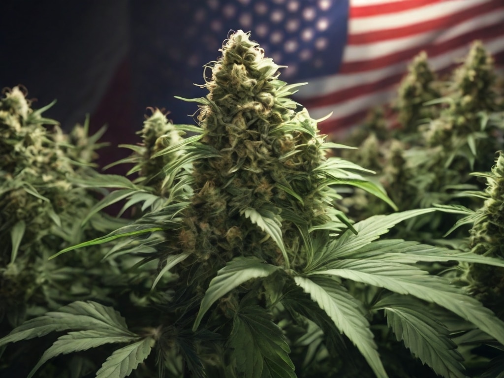Close-up of prime cannabis buds with the American flag in the background