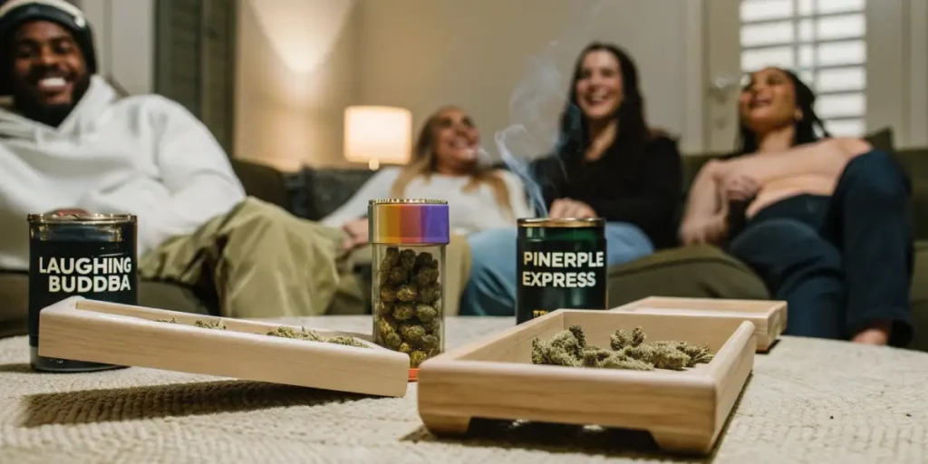 Cans of Laughing Buddha and Pineapple Express with jars of buds and wooden trays on a coffee table.