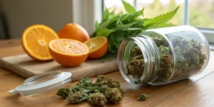 Hyper-realistic image showing cannabis buds spilled from a jar, with fresh orange slices and cannabis leaves on a wooden cutting board in the background.