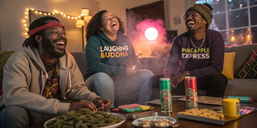 Three friends laughing on a sofa surrounded by cannabis cans and snacks in a warmly lit living room.