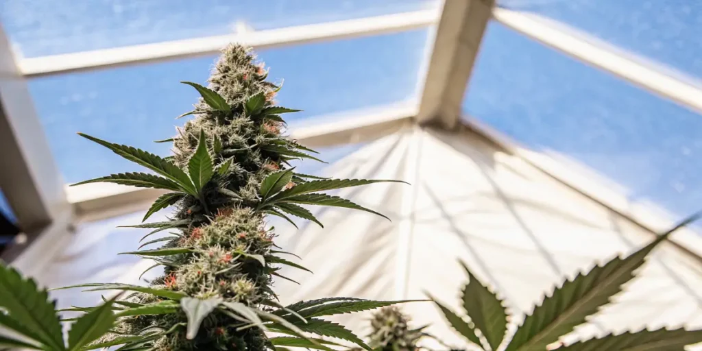 Lush autoflowering cannabis plant with dense buds under a clear blue sky through a greenhouse roof.