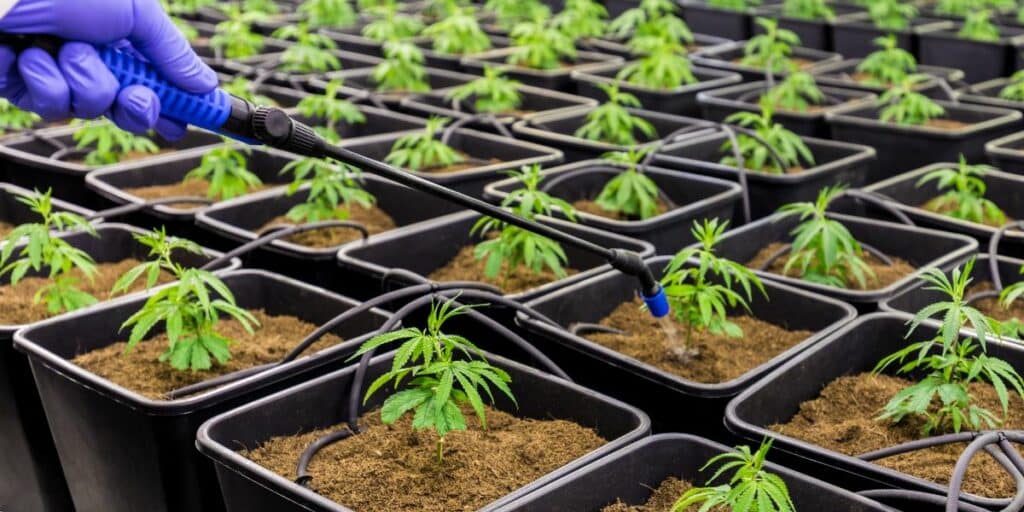 Gloved hand watering rows of small cannabis seedlings in black square pots in an indoor cultivation room.