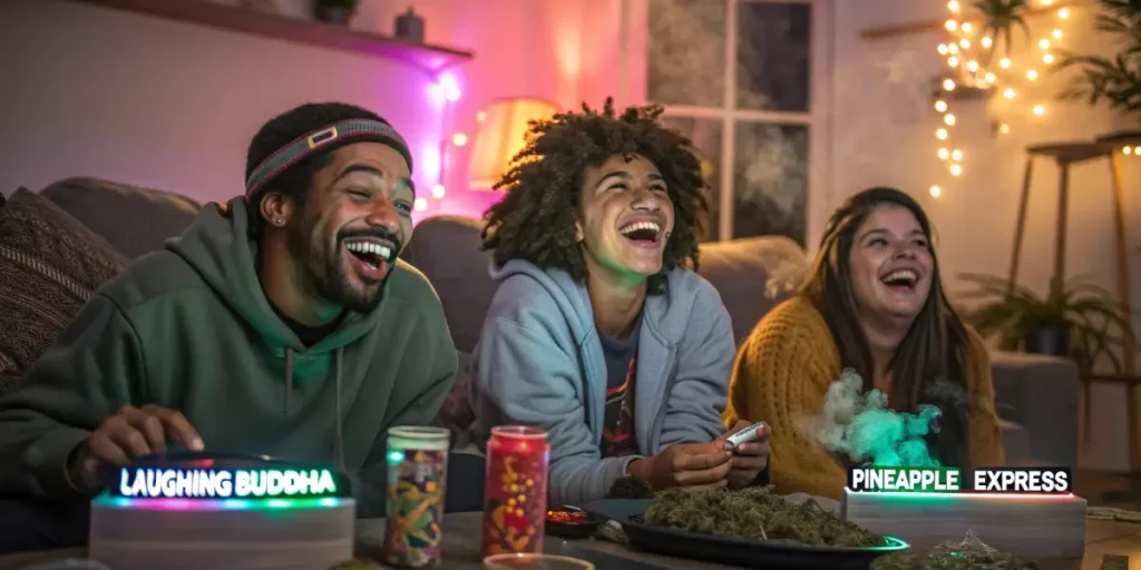 Group of three smiling friends on a couch with glowing Laughing Buddha and Pineapple Express signs.
