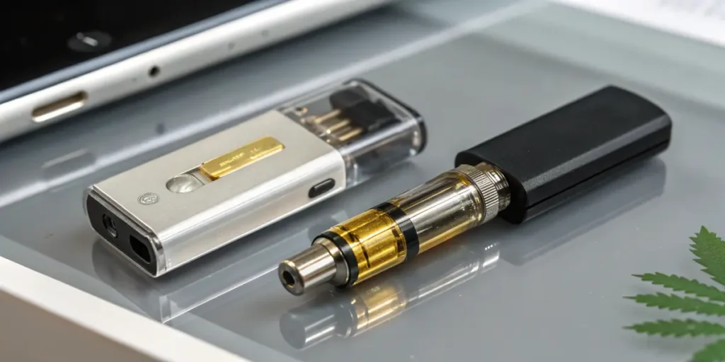 Hyper-realistic image of a black vape battery with a transparent, oil-filled cartridge and vapor.