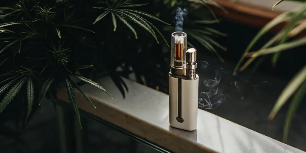 Hyper-realistic image of a sleek silver vape pen emitting vapor, placed near green cannabis leaves.