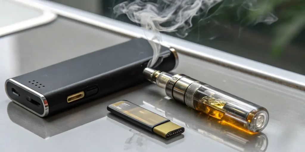Hyper-realistic image of a disassembled silver vape battery and a gold-colored oil cartridge on a grey surface.