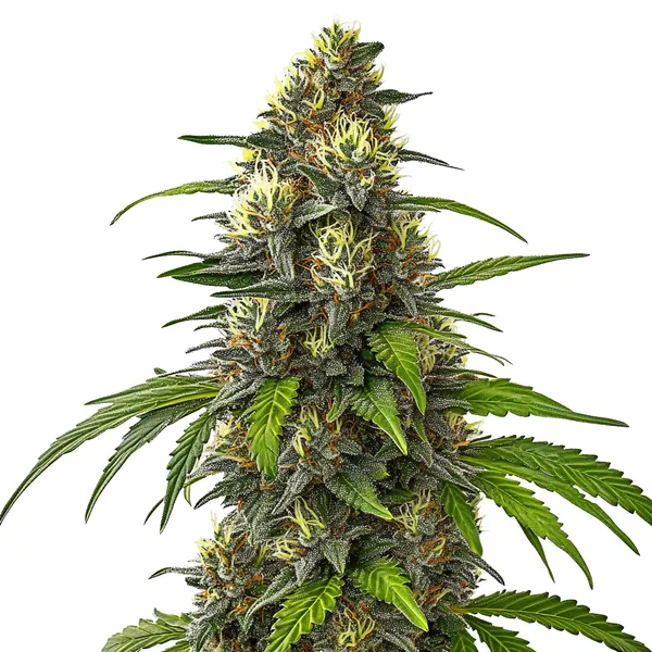 Cafe Racer Autoflower cannabis plant with green leaves and resin-covered buds, featuring bright orange pistils and a dense structure.