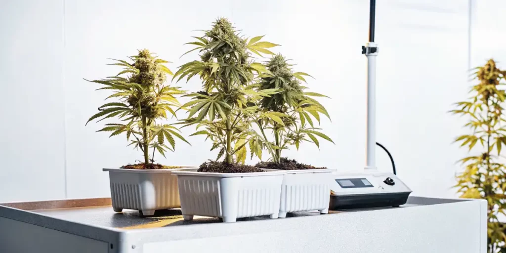 Cannabis plants growing in white containers under bright lab lighting.