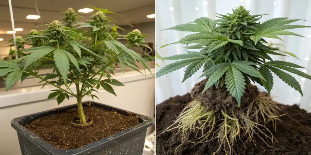 Side-by-side view of a potted cannabis plant and another with exposed roots, illustrating plant development.