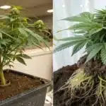 Side-by-side view of a potted cannabis plant and another with exposed roots, illustrating plant development.
