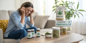 Woman with fibromyalgia looking at cannabis-based products and supplements designed to help manage chronic pain.