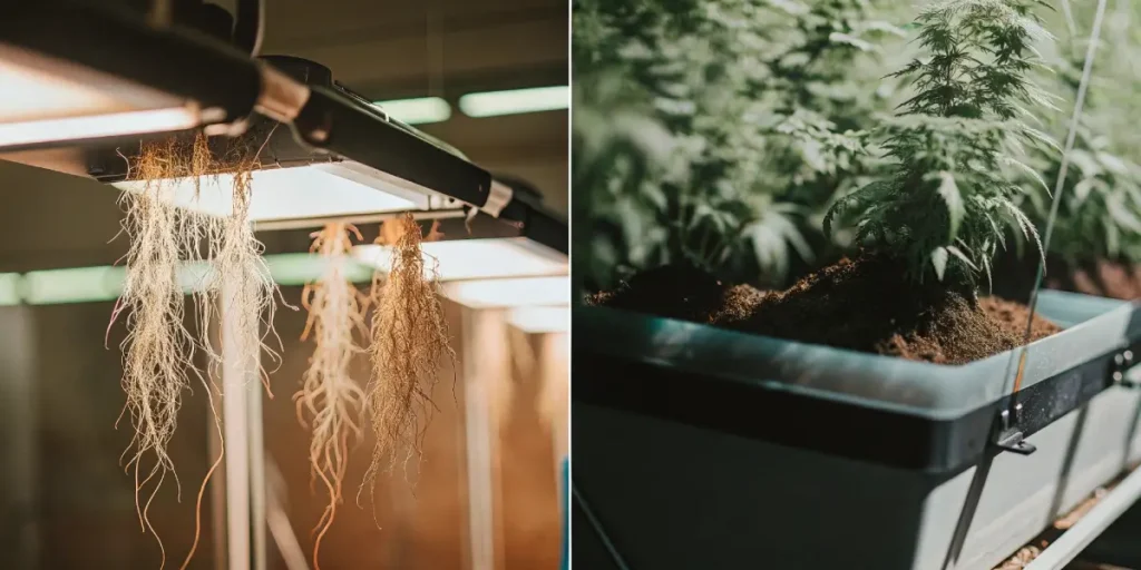Detailed split-screen showing hydroponic cannabis roots exposed and soil-grown cannabis plant in a container, highlighting root structure and growth media.