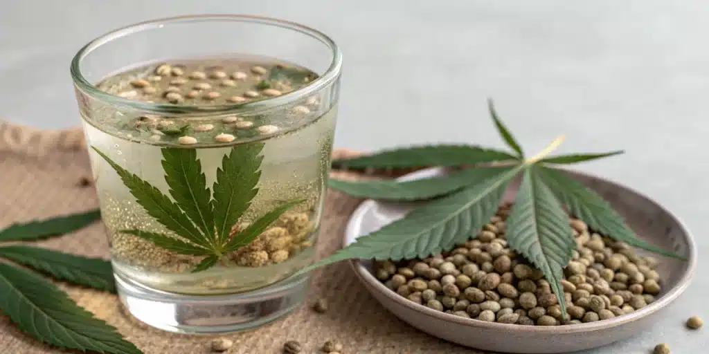 Cannabis seeds soaking in a glass of water at optimal temperature for germination.