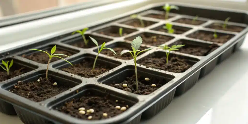 Individual cannabis seeds germinating in a seed tray with moist soil compartments.