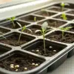 Individual cannabis seeds germinating in a seed tray with moist soil compartments.