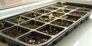 Individual cannabis seeds germinating in a seed tray with moist soil compartments.