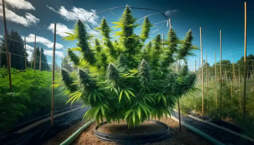 Autoflower cannabis seeds growing outdoors with LST support and multiple main colas
