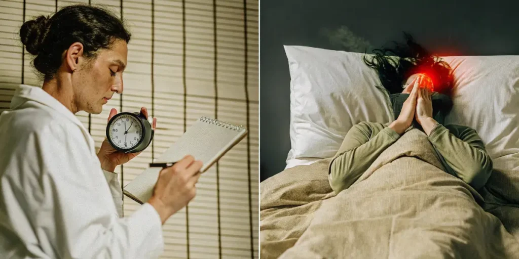 Split scene of researcher timing sleep study and woman in bed with migraine-like brain pain.