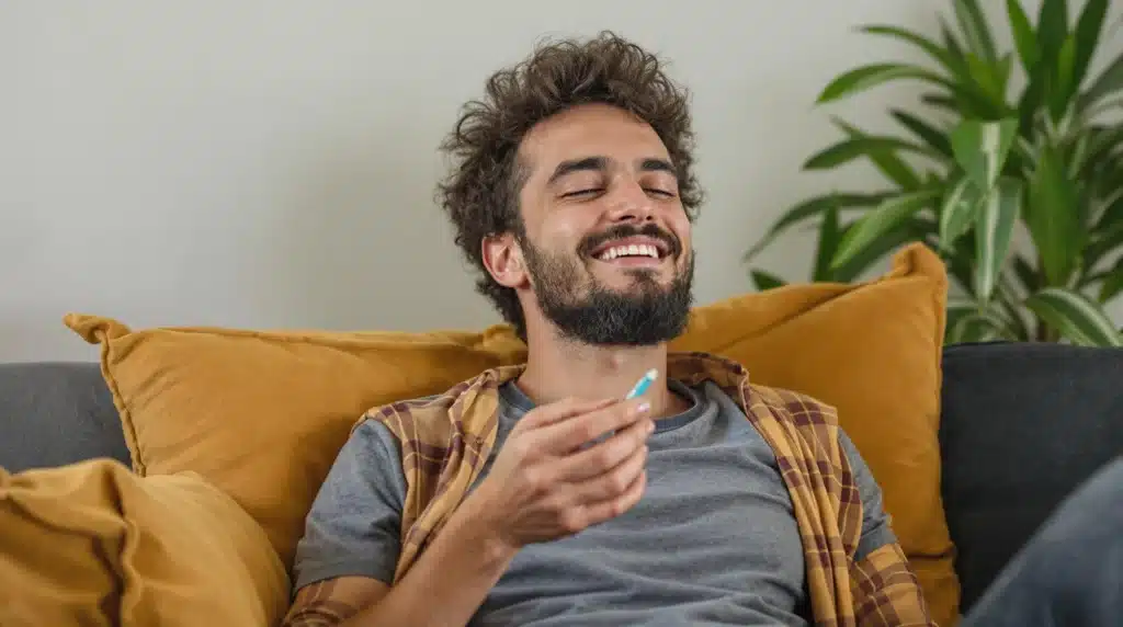 A relaxed individual enjoying a small dose of THC in a safe environment. Alt Text: Person calmly consuming a measured dose of THC, emphasizing responsible usage to prevent adverse effects.