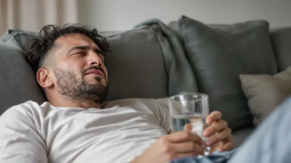 Individual feeling overwhelmed after THC overconsumption, sitting on a couch with a glass of water, highlighting the importance of mindful dosing.