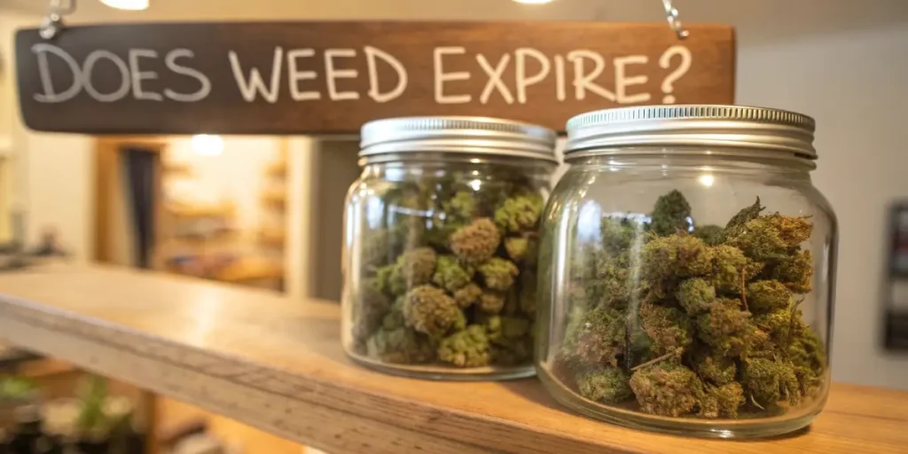 Two glass jars of dried cannabis buds on a wooden shelf under a "Does Weed Expire?" sign.